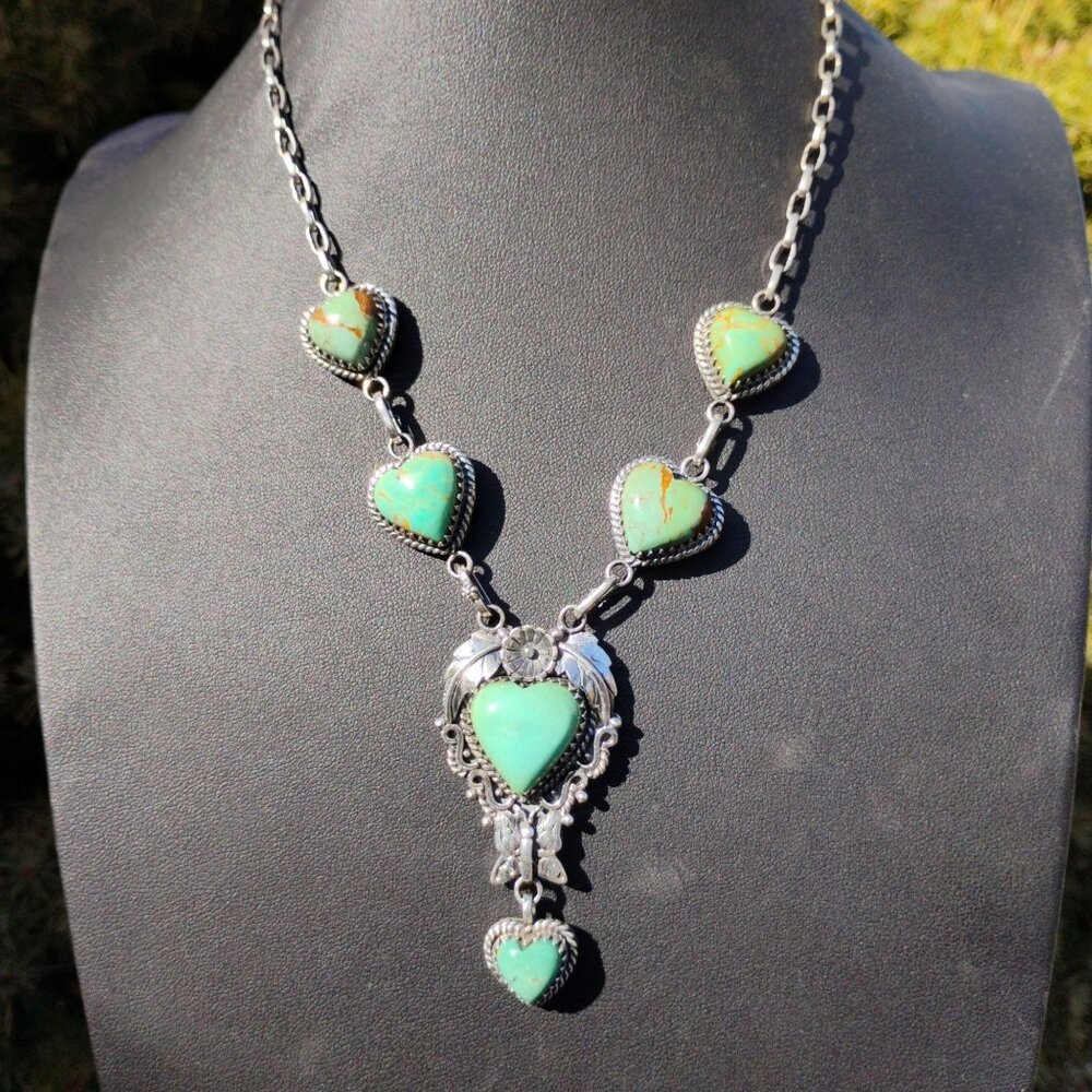 Turquoise Heart Stone Sterling Silver Lariat Necklace Butterfly Flower Southwest - Picture 3 of 12